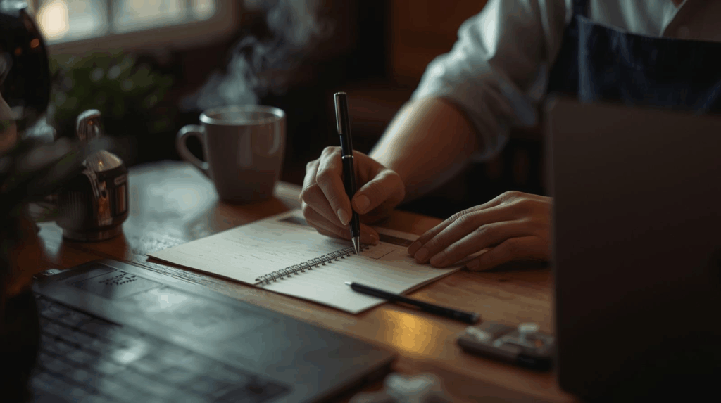 木製のデスクの上で、エプロンを着た人物がノートにペンでメモを書いている様子。横には湯気の立つマグカップとノートパソコンが置かれ、落ち着いた室内光の中で作業に集中している情景。