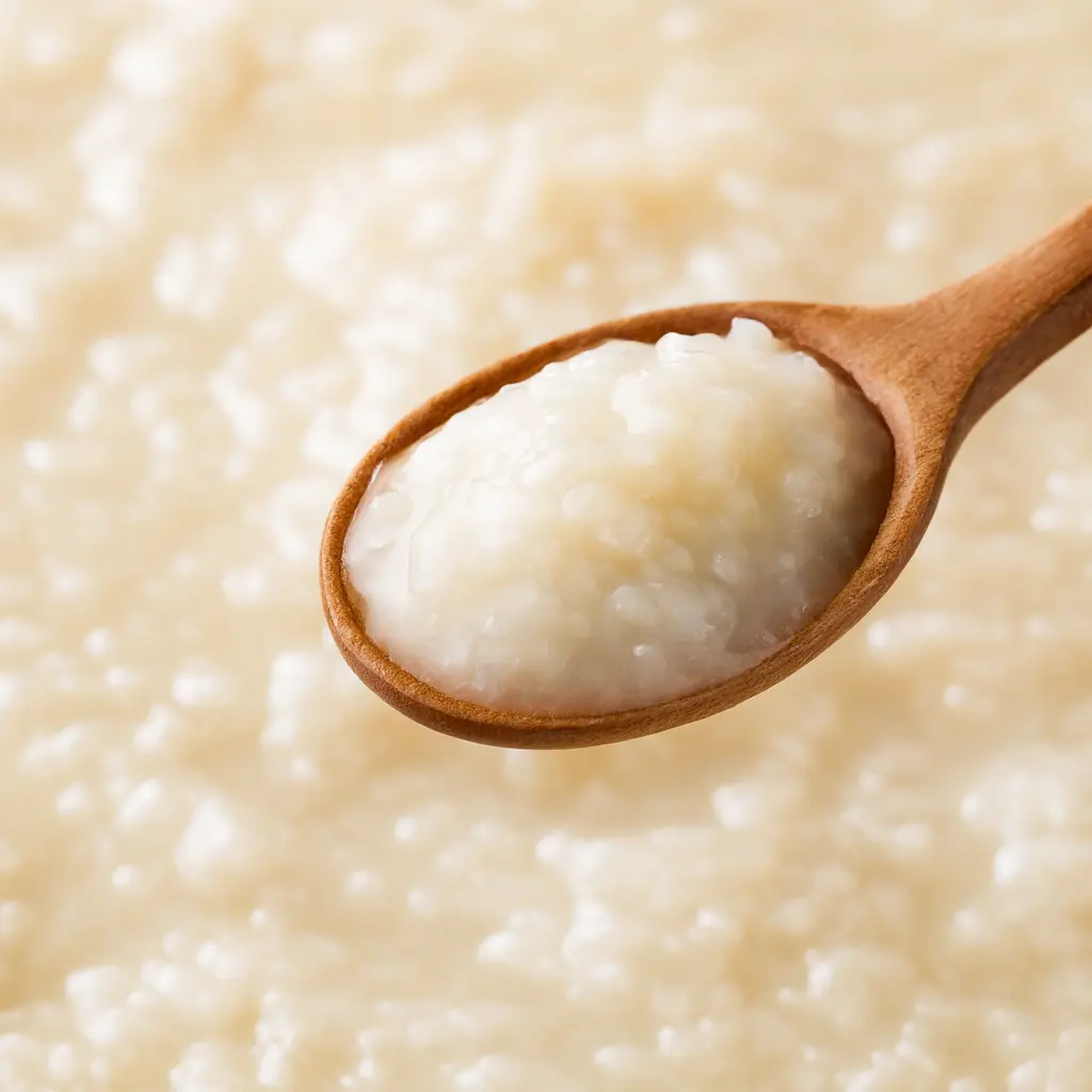 木のスプーンに白く艶のある麹がすくわれ、背景にも淡い米麹の粒が広がっている。やさしい発酵の雰囲気が伝わるクローズアップ写真。