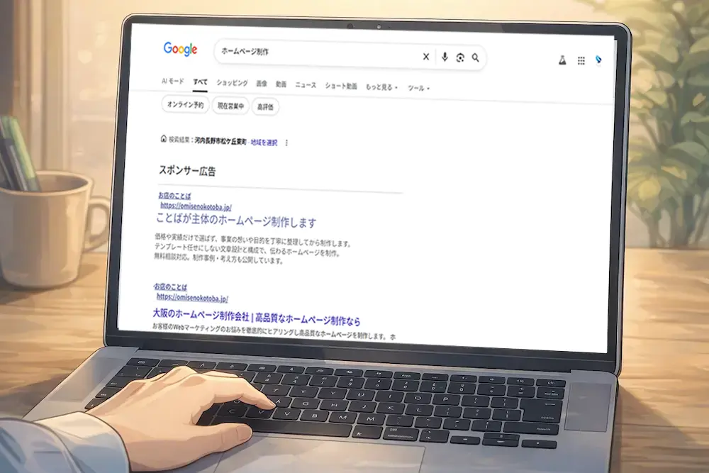 ノートパソコンの画面に「ホームページ制作」とGoogle検索した結果が表示され、スポンサー表示や価格を強調した制作会社の広告が上位に並んでいる様子をアニメ調で描いたイラスト