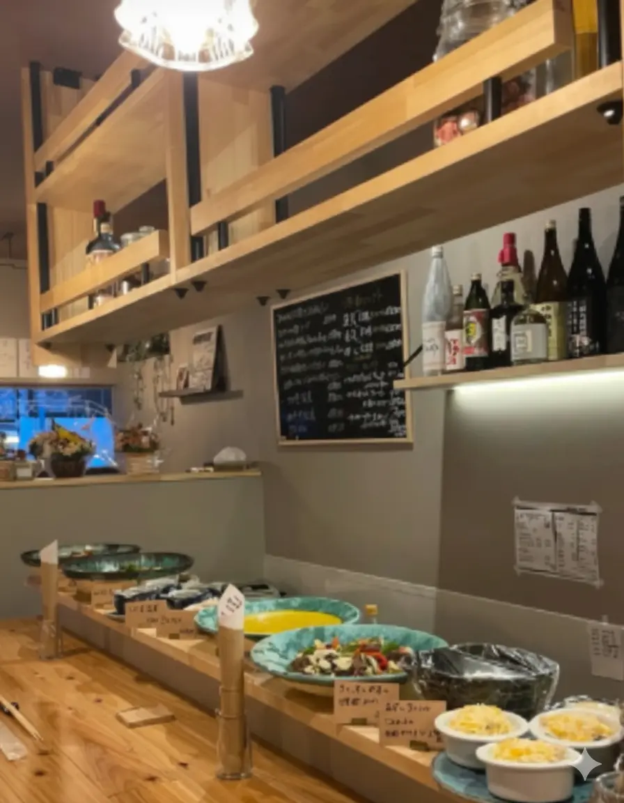 木のカウンターに並ぶ手作りのおばんざいと瓶が整然と並ぶ麹おばんざいAKIKOの店内風景