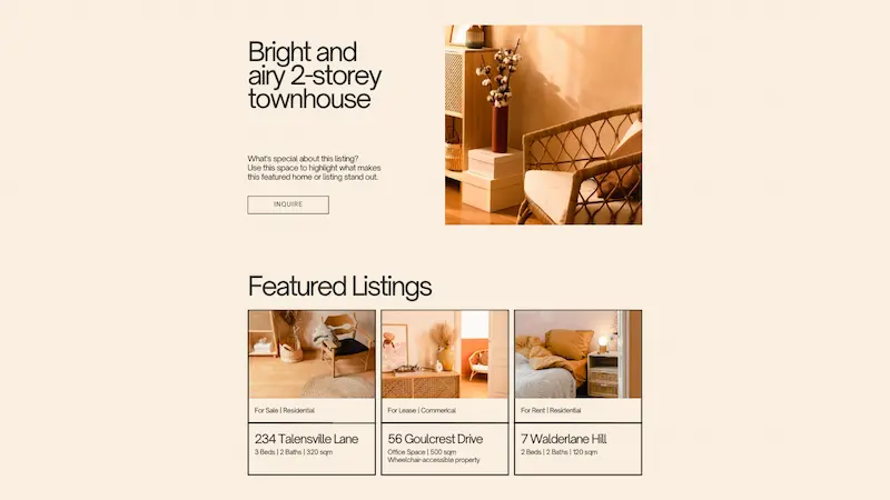 写真と短い説明文で構成された、洗練されたレイアウトの一般的なホームページ例