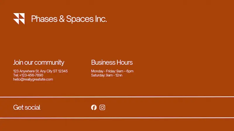 ブランドカラーで統一されたフッターを持つ、一般的なホームページのデザイン例