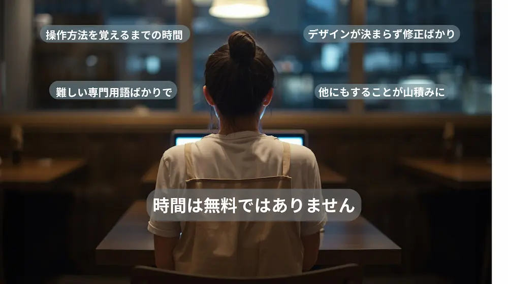 夜の店内でエプロン姿の人物がパソコンに向かって作業している後ろ姿。吹き出しには『操作方法を覚えるまでの時間』『難しい専門用語ばかりで』『デザインが決まらず修正ばかり』『他にもすることが山積みに』が並び、下部に『時間は無料ではありません』というメッセージが表示されている。