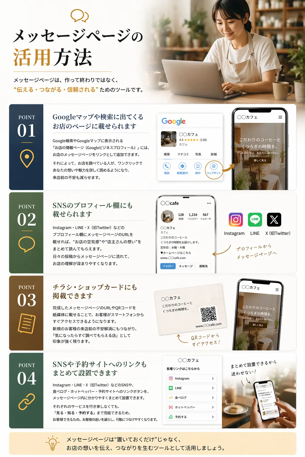 メッセージページの活用方法として、Googleマップや検索結果への掲載、SNSプロフィールからの導線、チラシやショップカードへのQR掲載、SNSや予約サイトへのリンク集約など、集客と導線づくりに活かす方法を説明している画像