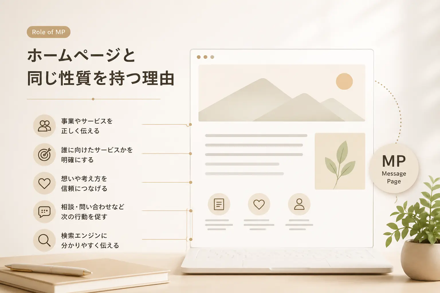 MPがホームページと同じように事業やサービス、対象者、想い、問い合わせ導線、検索エンジンへの情報伝達といった役割を持つことを視覚的に表現した画像