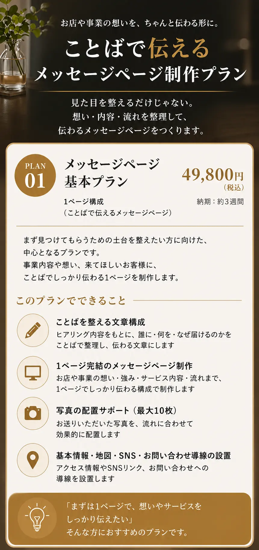 ことばで伝えるメッセージページ制作プランの基本プランとして、49,800円税込、1ページ構成、納期約3週間、文章構成や写真配置、基本情報や地図、SNS、お問い合わせ導線の設置内容を説明している料金案内画像