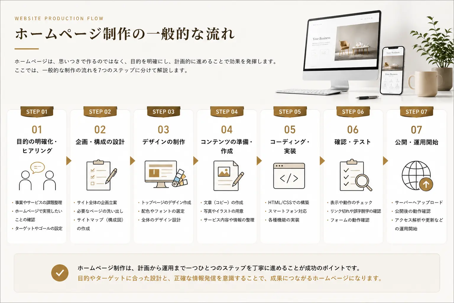 ホームページ制作の一般的な流れとして、目的の明確化とヒアリング、企画と構成の設計、デザイン制作、コンテンツ準備、コーディング、確認テスト、公開と運用開始までの7つの工程を整理した図解