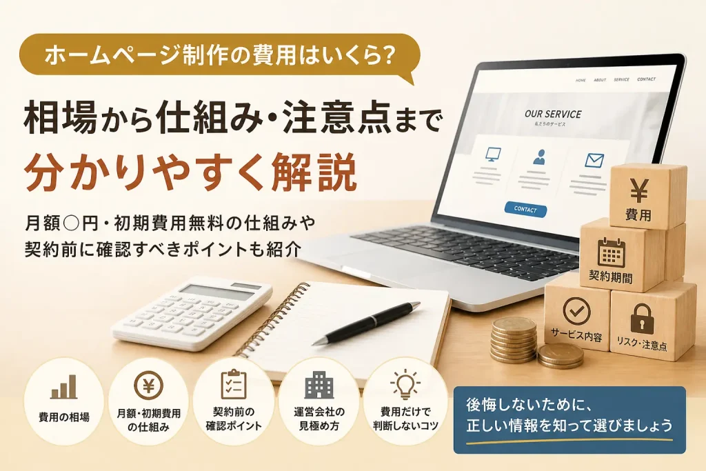ホームページ制作の費用について、相場、月額料金や初期費用無料の仕組み、契約期間、サービス内容、リスクや注意点を、パソコン画面や電卓、コイン、木製ブロックのアイコンを使って分かりやすく整理した図解画像