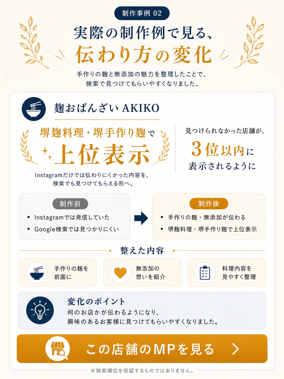 麹おばんざいAKIKOのメッセージページ制作事例として、手作りの麹と無添加の魅力を整理し、検索で見つけてもらいやすくなった変化を紹介している画像