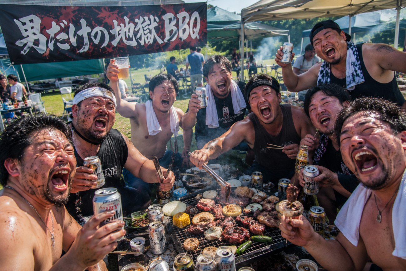 男性ばかりがバーベキューコンロを囲み、酒を持って叫びながら激しく盛り上がっている、男だけの暑苦しい宴会風景