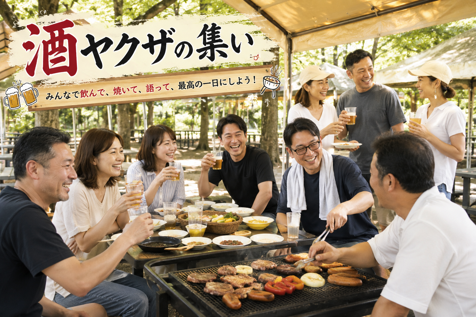 女子の参加率が高い日に開催すると大きく宣言し、夕焼けの中で女性たちが乾杯しながらバーベキューを楽しむ、酒ヤクザの集いの案内画像